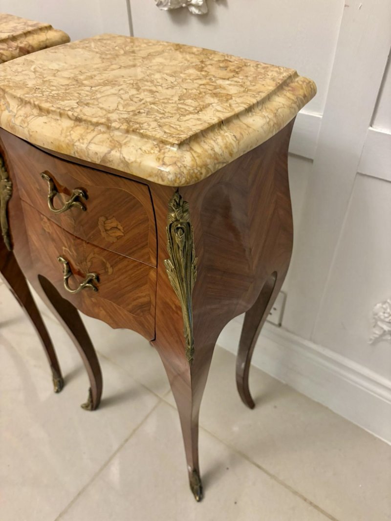 Exceptional Antique Pair of Louis XV Style Kingwood and Marble-Top Bedside Cabinets